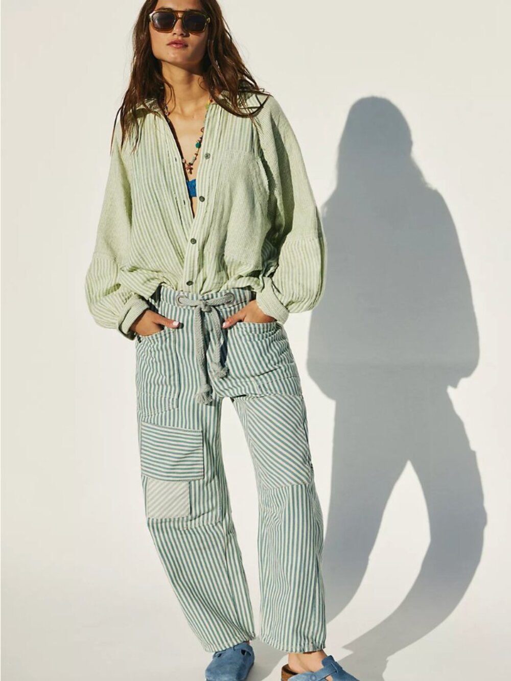 Free People Moxie Railroad Low-Slung Jeans in Green Stripe